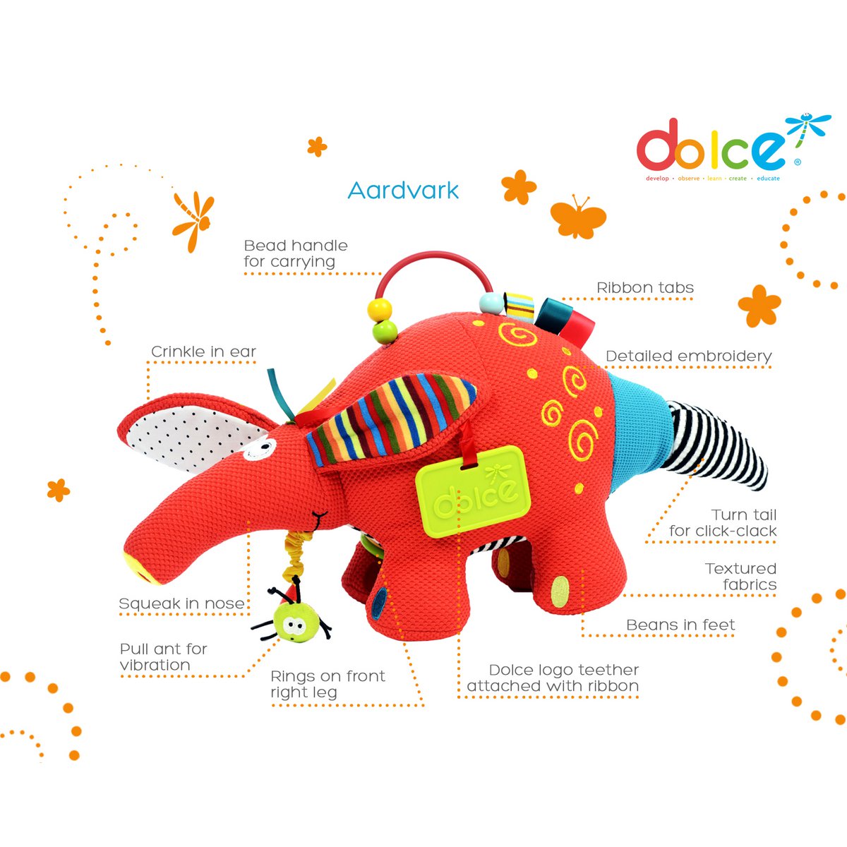 Dolce Toys speelgoed Classic activiteitenknuffel aardvarken Antoine - 42 cm