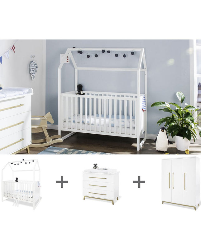 Startset 'Hilda & Riva' breed groot, wit3 delen: huisbed, brede commode, grote kledingkast