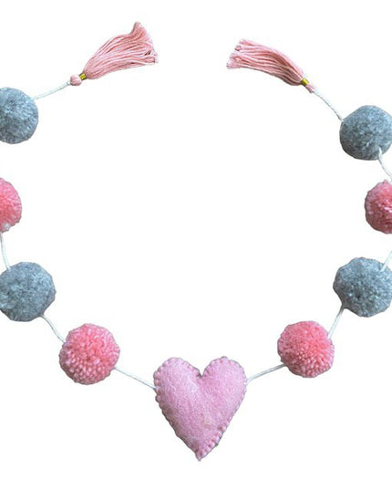 Luna-Leena slinger hart - pompon roze/grijs wanddecoratie - L 75cm - 100% zachte wol - handgemaakt in Nepal