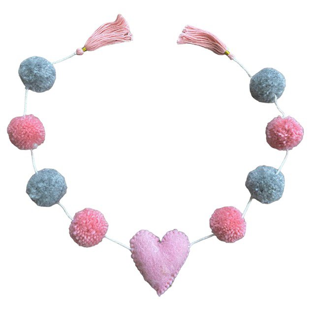 Luna-Leena slinger hart - pompon roze/grijs wanddecoratie - L 75cm - 100% zachte wol - handgemaakt in Nepal