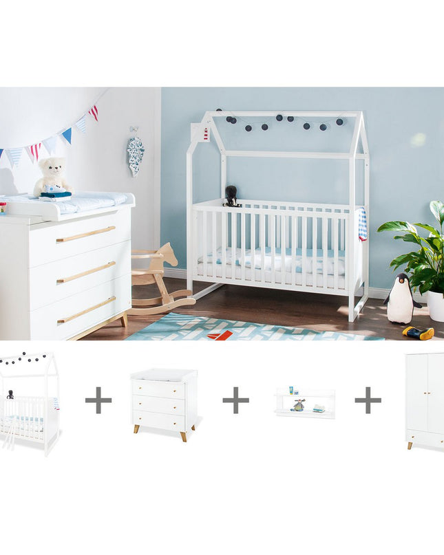 Startset 'Hilda & Pan' breed, wit, incl. wandplank4 delen: huisbed, brede commode, 2-deurs kledingkast, wandplank