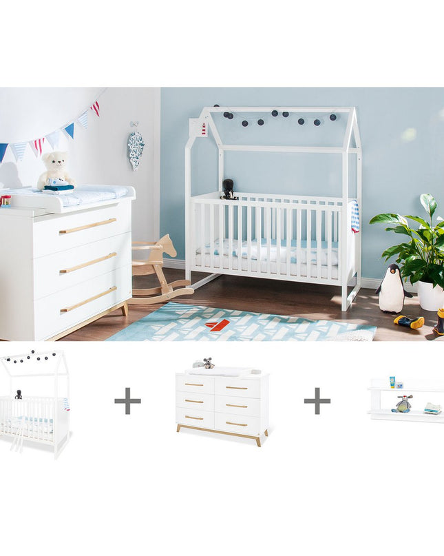 Startset 'Hilda & Riva' extra breed, wit, incl. wandplank
3 delen: huisbed, extra brede commode, wandplank