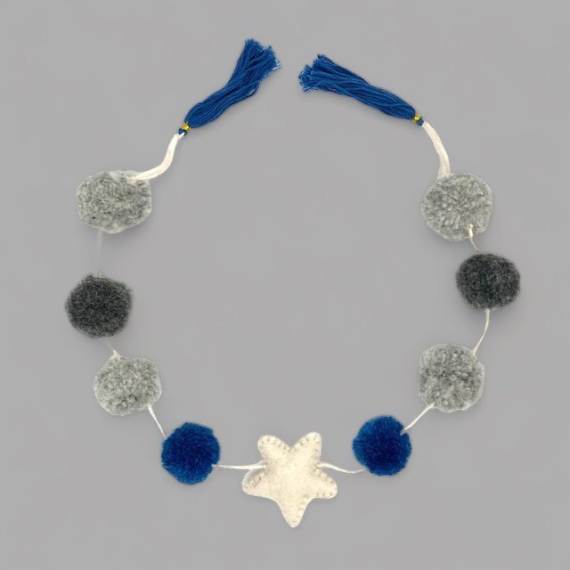 Luna-Leena slinger ster wanddecoratie - pompon blauw/grijs - L 75cm - 100% zachte wol - handgemaakt in Nepal