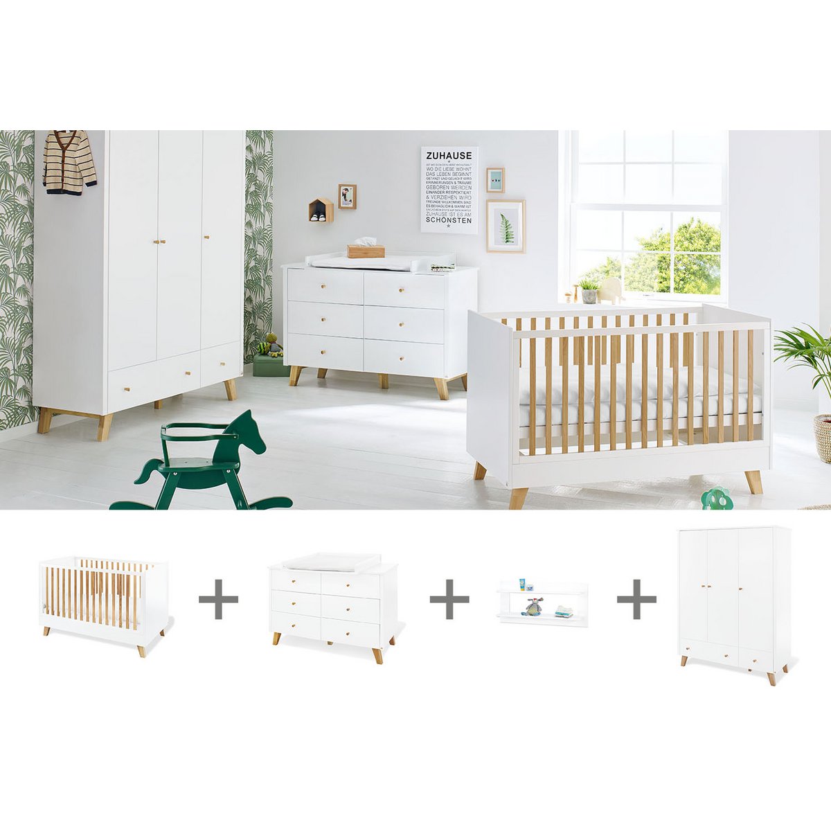 Startset 'Pan' extra breed groot, incl. wandplank4 delen: ledikant, extra brede commode, grote kledingkast, wandplank