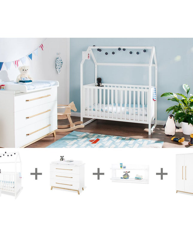 Startset 'Hilda & Riva' breed groot, wit, incl. wandplank4 delen: huisbed, brede commode, grote kledingkast, wandplank