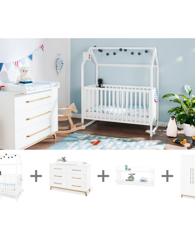 Startset 'Hilda & Riva' extra breed, wit, incl. wandplank4 delen: huisbed, extra brede commode, 2-deurs kledingkast, wandplank