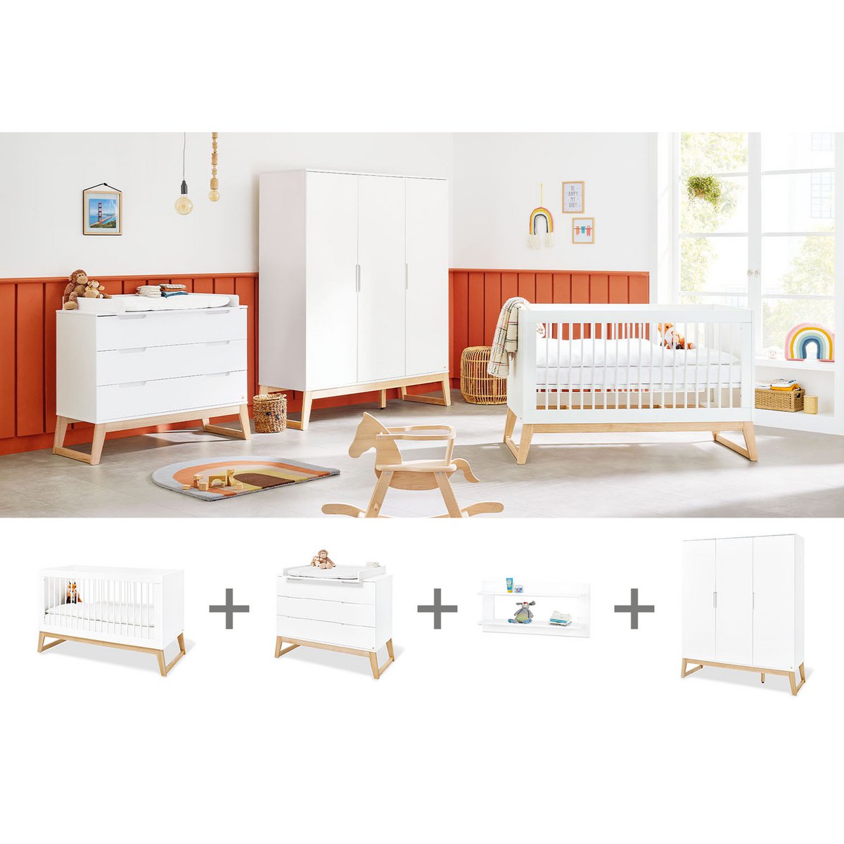 Startset 'Bridge' breed groot, incl. wandplank4 delen: ledikant, brede commode, grote kledingkast, wandplank