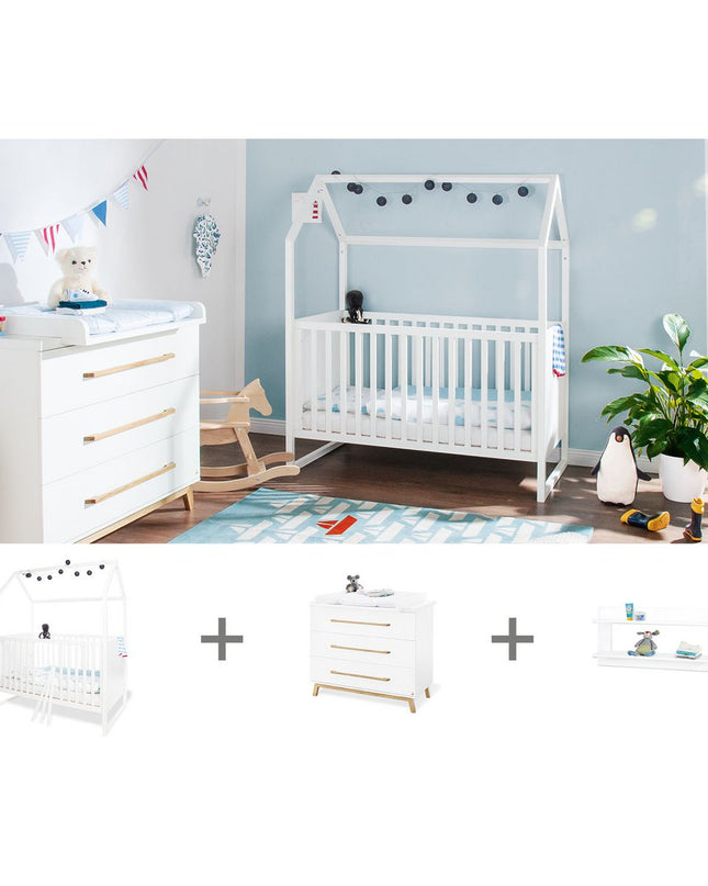 Startset 'Hilda & Riva' breed, wit, incl. wandplank
3 delen: huisbed, brede commode, wandplank