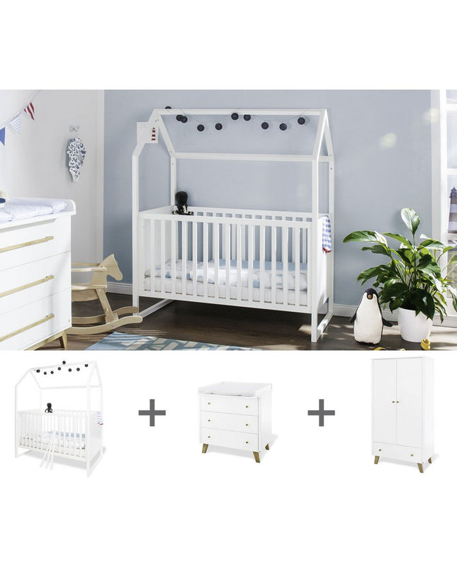 Startset 'Hilda & Pan' breed, wit3 delen: huisbed, brede commode, 2-deurs kledingkast