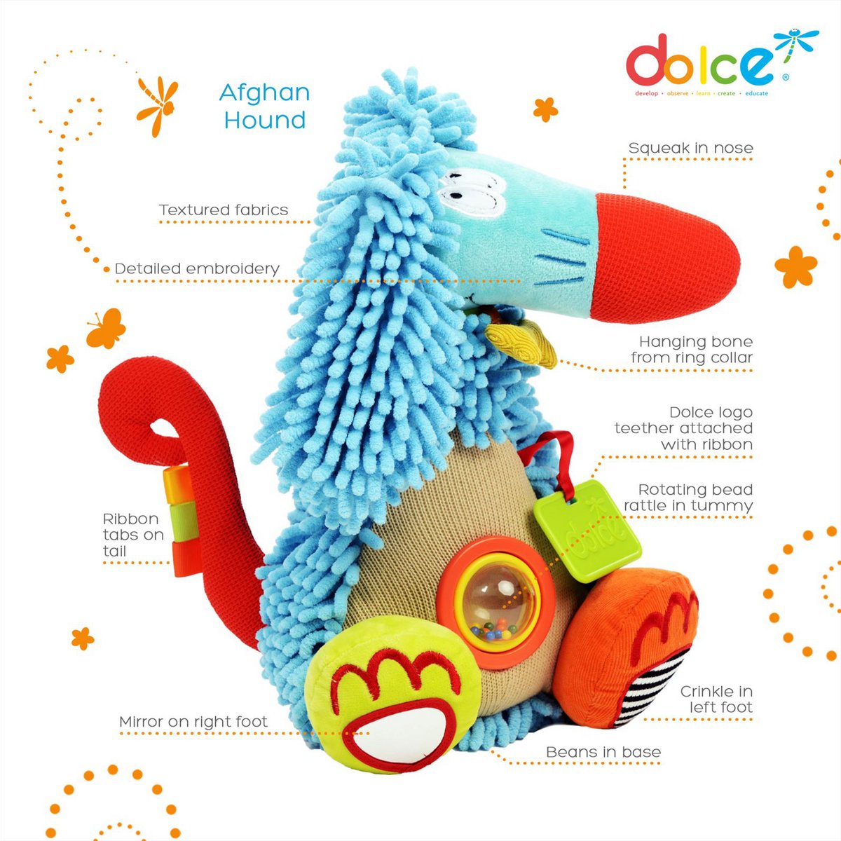 Dolce Toys speelgoed Classic activiteitenknuffel Afghaanse windhond Alfonso - 32 cm