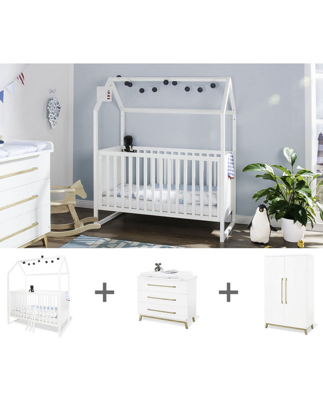 Startset 'Hilda & Riva' breed, wit3 delen: huisbed, brede commode, 2-deurs kledingkast