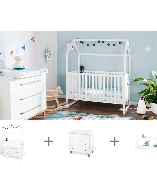 Startset 'Hilda & Pan' breed, wit, incl. wandplank
3 delen: huisbed, brede commode, wandplank