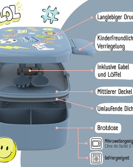 Kinder-Lunchbox mit Fächern, auslaufsicher – Aufkleber, blau
