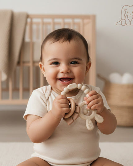 Soft & Hard | Bunny & Leaf RATTLE Wood & Silicone Teether | Sand & Khaki  | Rammelaar  |  Bijtring