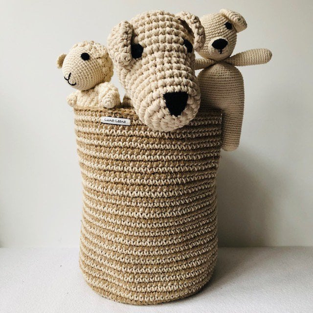 Luna -Leena opbergmand  High met Off White Stripes - Jute & Cotton - H30cm - Hand Crochet in Nepal
