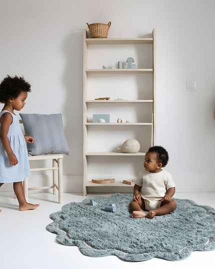 Zoete April Aqua – Wasbaar Ronde Katoenen Kinderkleed vloerkleed