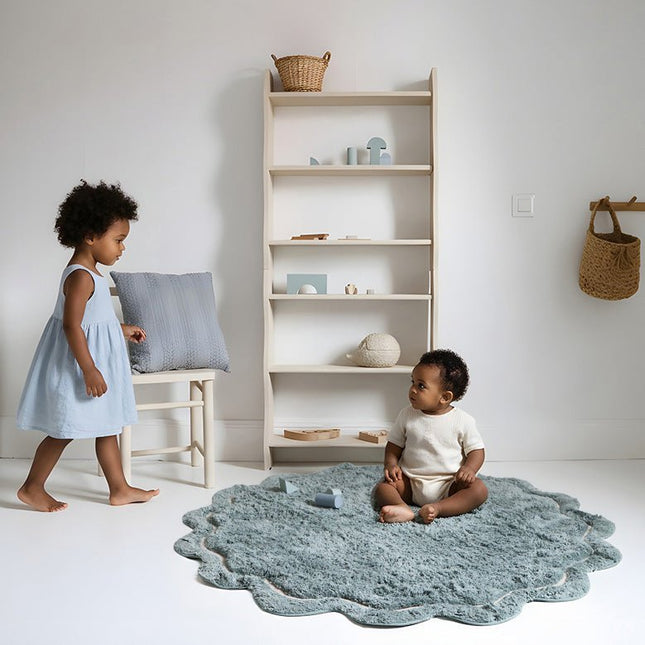 Zoete April Aqua – Wasbaar Ronde Katoenen Kinderkleed vloerkleed