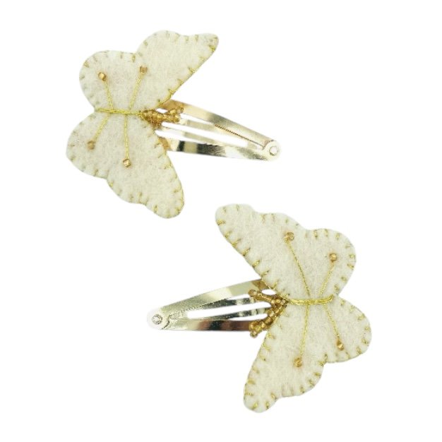 Luna -Leena haarspeldjes (Set) - Off White & Gold - Filt Wol - Handmade in Nepal