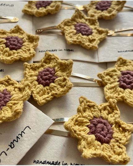 Luna -Leena haarspeldjes Sunflower (Set) - Geel - Organisch katoen - Handhaak in Nepal