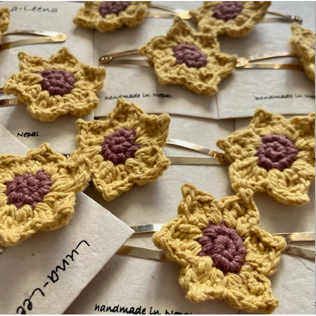 Luna -Leena haarspeldjes Sunflower (Set) - Geel - Organisch katoen - Handhaak in Nepal