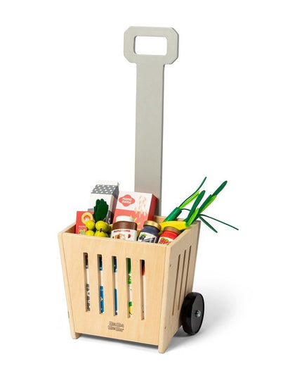 Houten winkelmandje op wielen