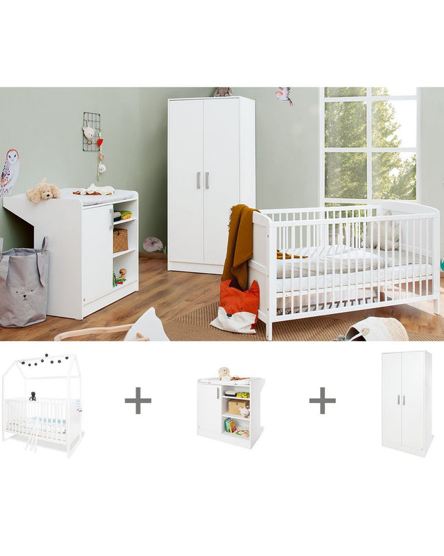 Startset 'Hilda &Viktoria', wit3 onderdelen: huisbed, commode, 2-deurs kledingkast