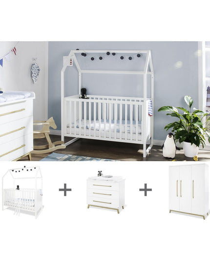 Startset 'Hilda & Riva' breed groot, wit3 delen: huisbed, brede commode, grote kledingkast