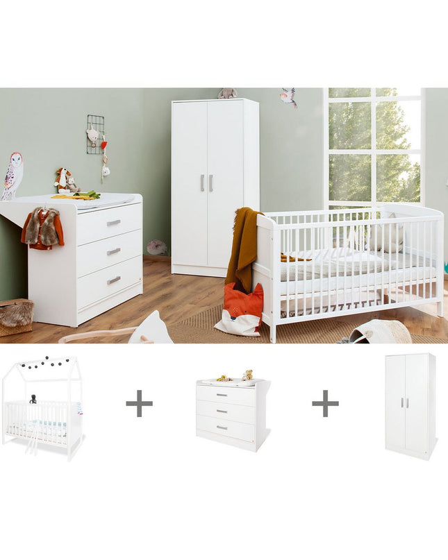 Startset 'Hilda &Viktoria' breed, wit3 onderdelen: huisbed, brede commode, 2-deurs kledingkast