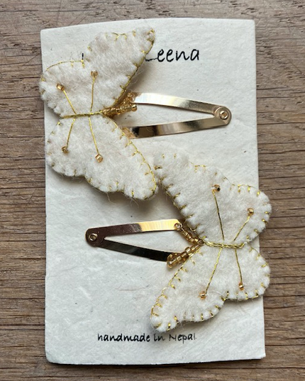 Luna -Leena haarspeldjes (Set) - Off White & Gold - Filt Wol - Handmade in Nepal