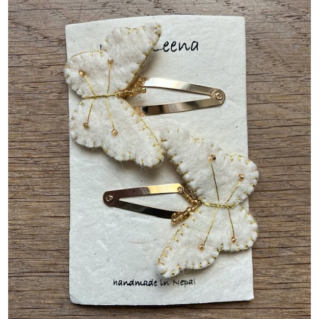 Luna -Leena haarspeldjes (Set) - Off White & Gold - Filt Wol - Handmade in Nepal