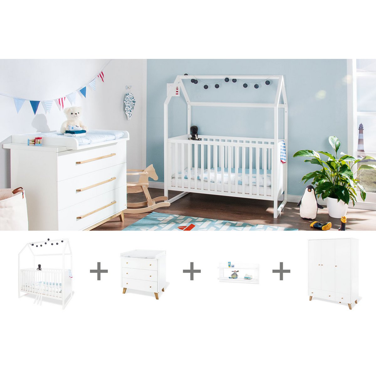 Startset 'Hilda & Pan' breed groot, wit, incl. wandplank4 delen: huisbed, brede commode, grote kledingkast, wandplank