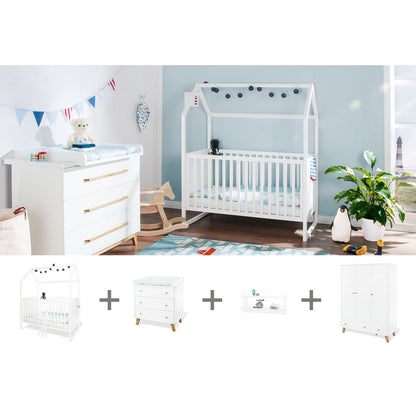 Startset 'Hilda & Pan' breed groot, wit, incl. wandplank4 delen: huisbed, brede commode, grote kledingkast, wandplank