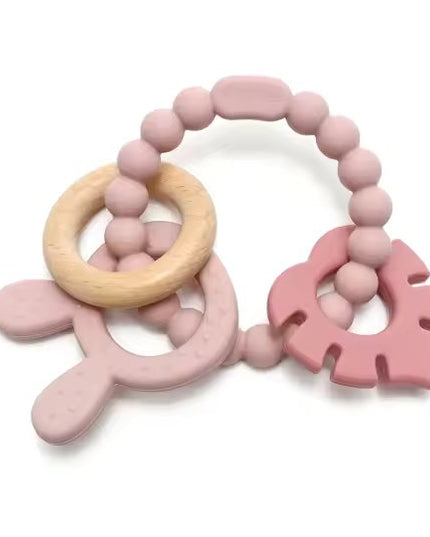 Soft & Hard | Bunny & Leaf RATTLE Wood & Silicone Teether | Blush & Rose |  rammelaar  | Bijtring