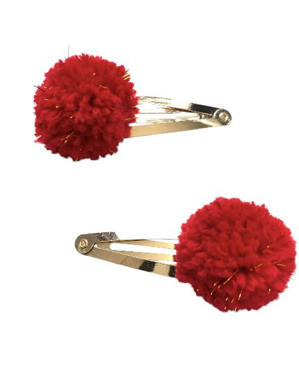 Luna -Leena haarspeldjes POM POM (set) - Rood & Gold Flakes - Soft Wol - Handgemaakte Nepal