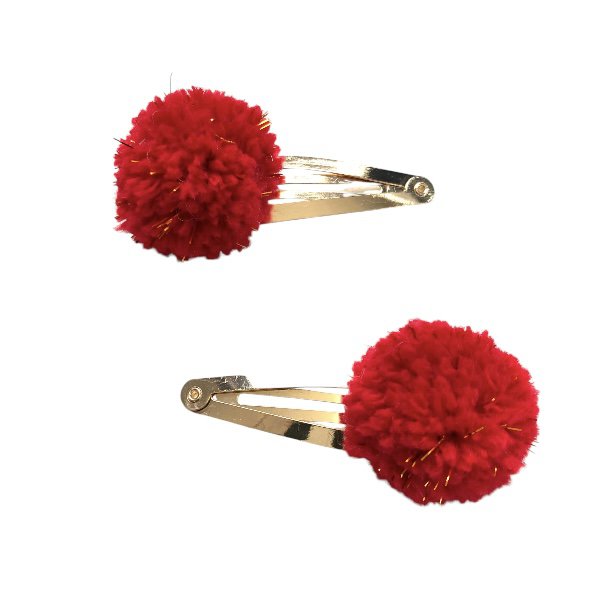 Luna -Leena haarspeldjes POM POM (set) - Rood & Gold Flakes - Soft Wol - Handgemaakte Nepal