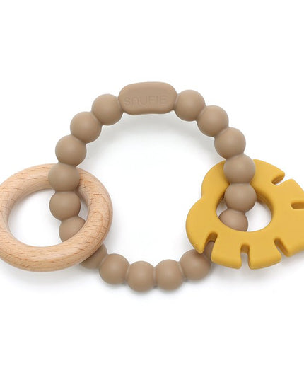 Soft & Hard | Leaf RATTLE Wood & Silicone Teether | Khaki & Oker |  Bijtring
