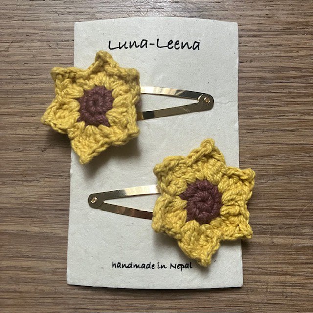 Luna -Leena haarspeldjes Sunflower (Set) - Geel - Organisch katoen - Handhaak in Nepal
