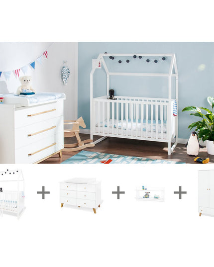 Startsett 'Hilda & Pan' extra breed, wit, incl. wandplank4 delen: huisbed, extra brede commode, 2-deurs kledingkast, wandplank