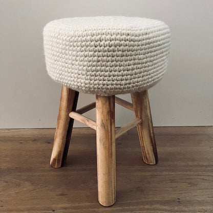 Luna -Leena kinderkruk met een wollen deksel Off -White - Sheep Wool & Wood - Hand Haak in Nepal