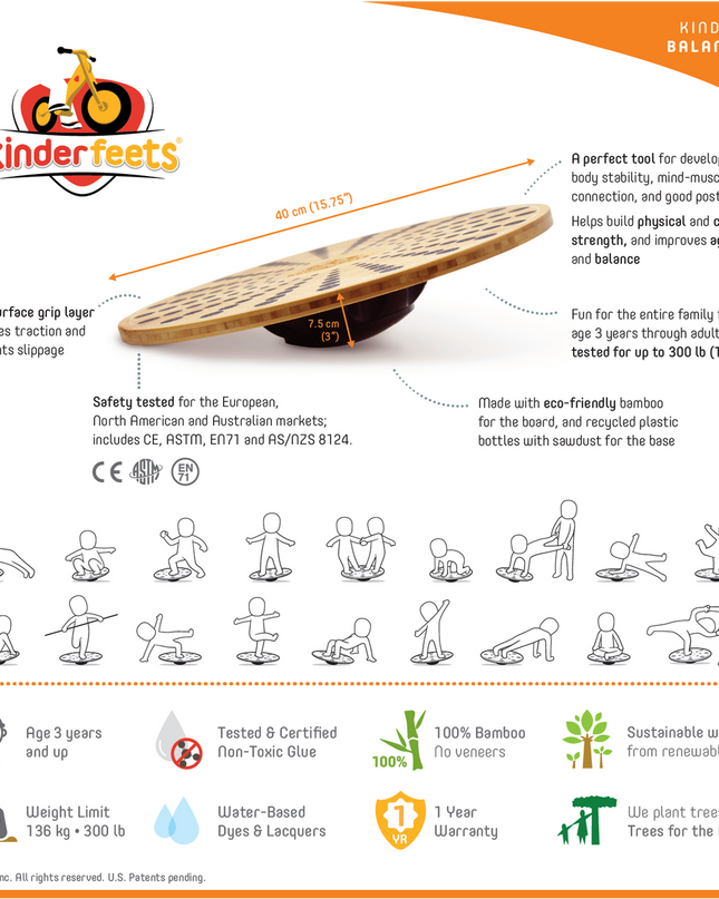 Kinderfeets bamboe balansschijf balansbord rond - 40 cm