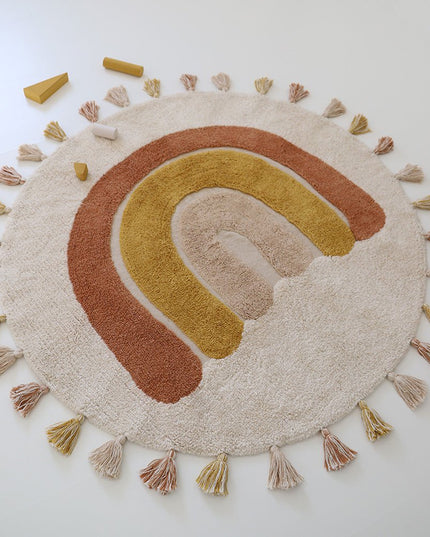 Rainbow Toffee – Wasbaar katoenen vloerkleed voor kinderen met pompons (Ø110 cm, OEKO-TEX)
