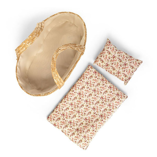 Rieten Poppenreiswieg / Mozes mandje met bedsetje 35cm