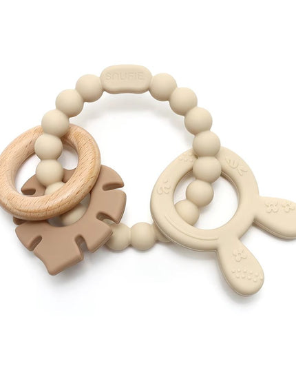 Soft & Hard | Bunny & Leaf RATTLE Wood & Silicone Teether | Sand & Khaki  | Rammelaar  |  Bijtring