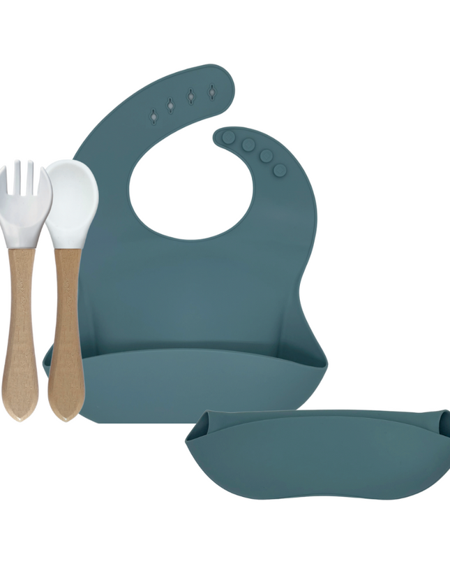 green-goose Siliconen Slabbetje en Bamboe Bestek - Petrol