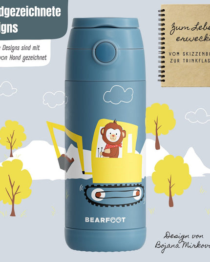 Thermo kinderdrinkfles bidon RVS - graafmachine aap blauw