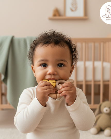 Soft & Hard | Leaf RATTLE Wood & Silicone Teether | Khaki & Oker |  Bijtring