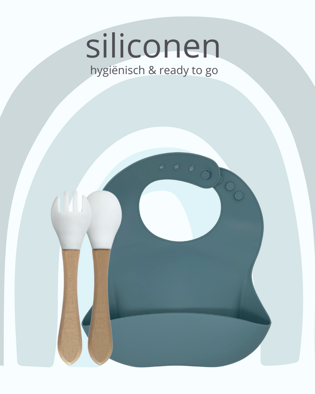 green-goose Siliconen Slabbetje en Bamboe Bestek - Petrol