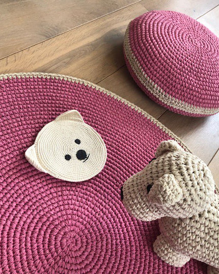 Runder Luna-Leena-Teppich aus rosa Baumwolle, 80 cm Durchmesser, handgehäkelt in Nepal