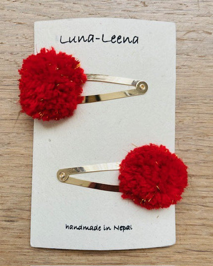Luna -Leena haarspeldjes POM POM (set) - Rood & Gold Flakes - Soft Wol - Handgemaakte Nepal