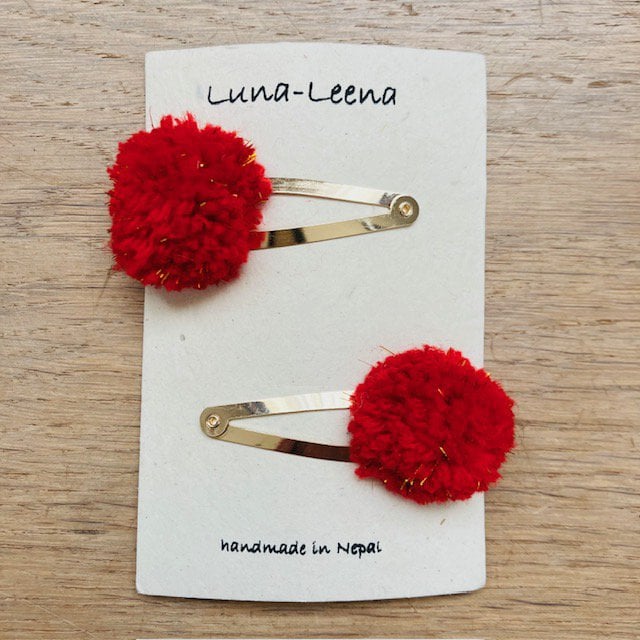 Luna -Leena haarspeldjes POM POM (set) - Rood & Gold Flakes - Soft Wol - Handgemaakte Nepal